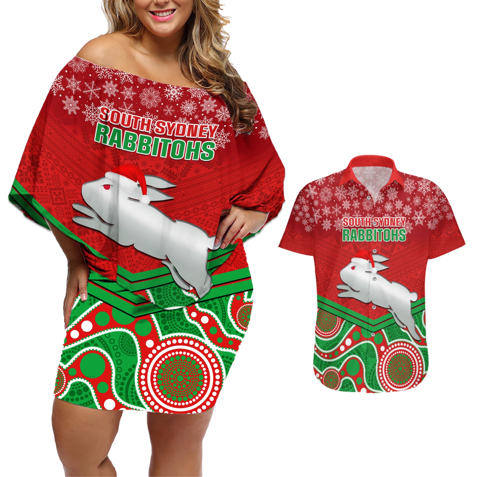 custom-rabbitohs-rugby-christmas-couples-matching-off-shoulder-short-dress-and-hawaiian-shirt-merry-xmas-2023-mix-aboriginal-art
