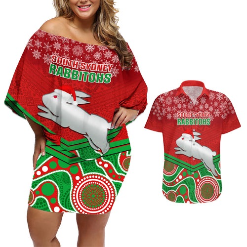 custom-rabbitohs-rugby-christmas-couples-matching-off-shoulder-short-dress-and-hawaiian-shirt-merry-xmas-2023-mix-aboriginal-art