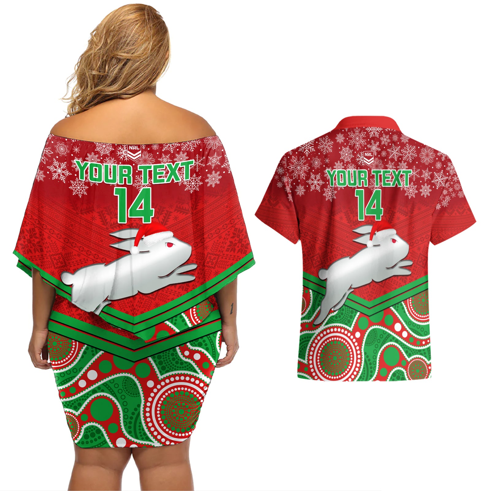 custom-rabbitohs-rugby-christmas-couples-matching-off-shoulder-short-dress-and-hawaiian-shirt-merry-xmas-2023-mix-aboriginal-art