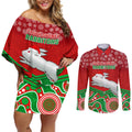 custom-rabbitohs-rugby-christmas-couples-matching-off-shoulder-short-dress-and-long-sleeve-button-shirt-merry-xmas-2023-mix-aboriginal-art
