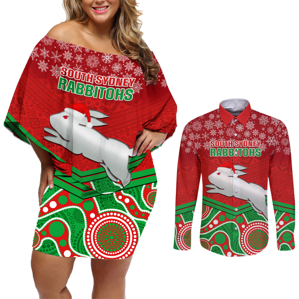 custom-rabbitohs-rugby-christmas-couples-matching-off-shoulder-short-dress-and-long-sleeve-button-shirt-merry-xmas-2023-mix-aboriginal-art