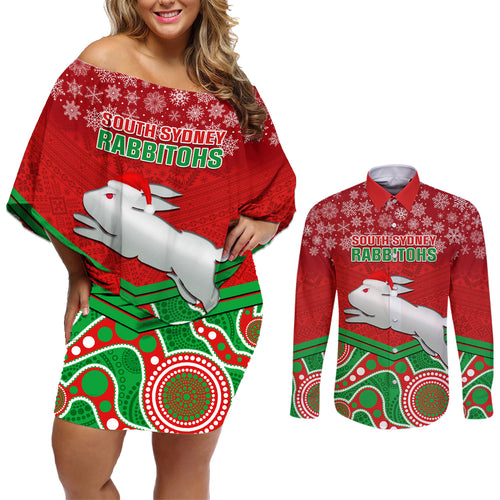 custom-rabbitohs-rugby-christmas-couples-matching-off-shoulder-short-dress-and-long-sleeve-button-shirt-merry-xmas-2023-mix-aboriginal-art