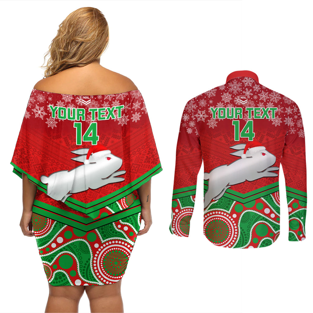 custom-rabbitohs-rugby-christmas-couples-matching-off-shoulder-short-dress-and-long-sleeve-button-shirt-merry-xmas-2023-mix-aboriginal-art