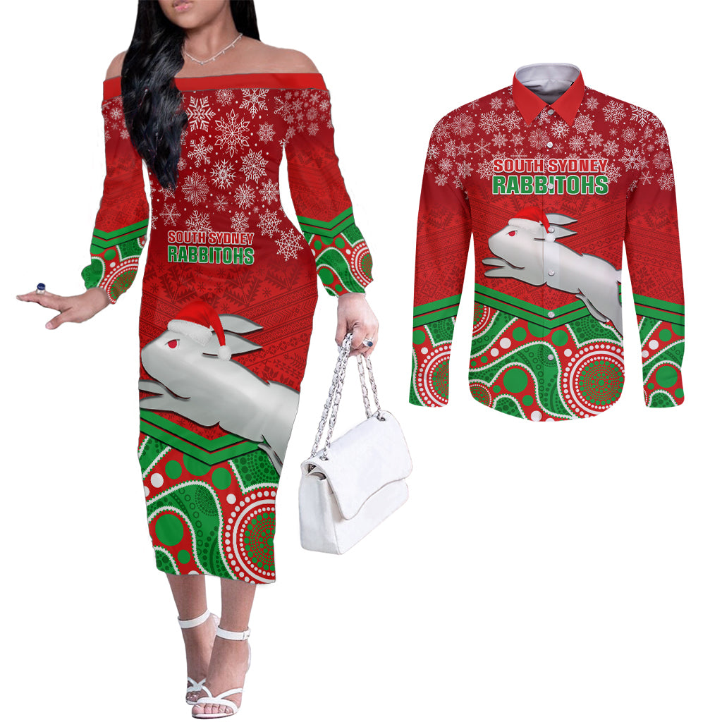 custom-rabbitohs-rugby-christmas-couples-matching-off-the-shoulder-long-sleeve-dress-and-long-sleeve-button-shirt-merry-xmas-2023-mix-aboriginal-art