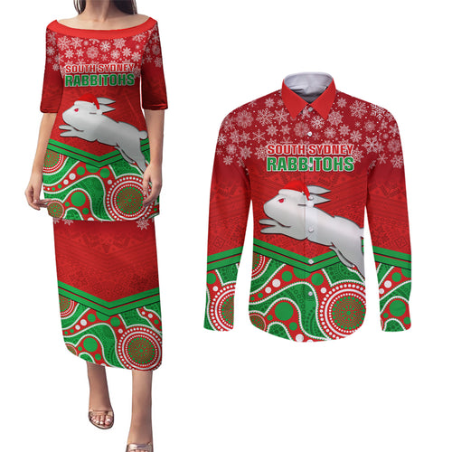 custom-rabbitohs-rugby-christmas-couples-matching-puletasi-dress-and-long-sleeve-button-shirt-merry-xmas-2023-mix-aboriginal-art