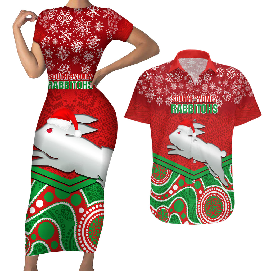 custom-rabbitohs-rugby-christmas-couples-matching-short-sleeve-bodycon-dress-and-hawaiian-shirt-merry-xmas-2023-mix-aboriginal-art
