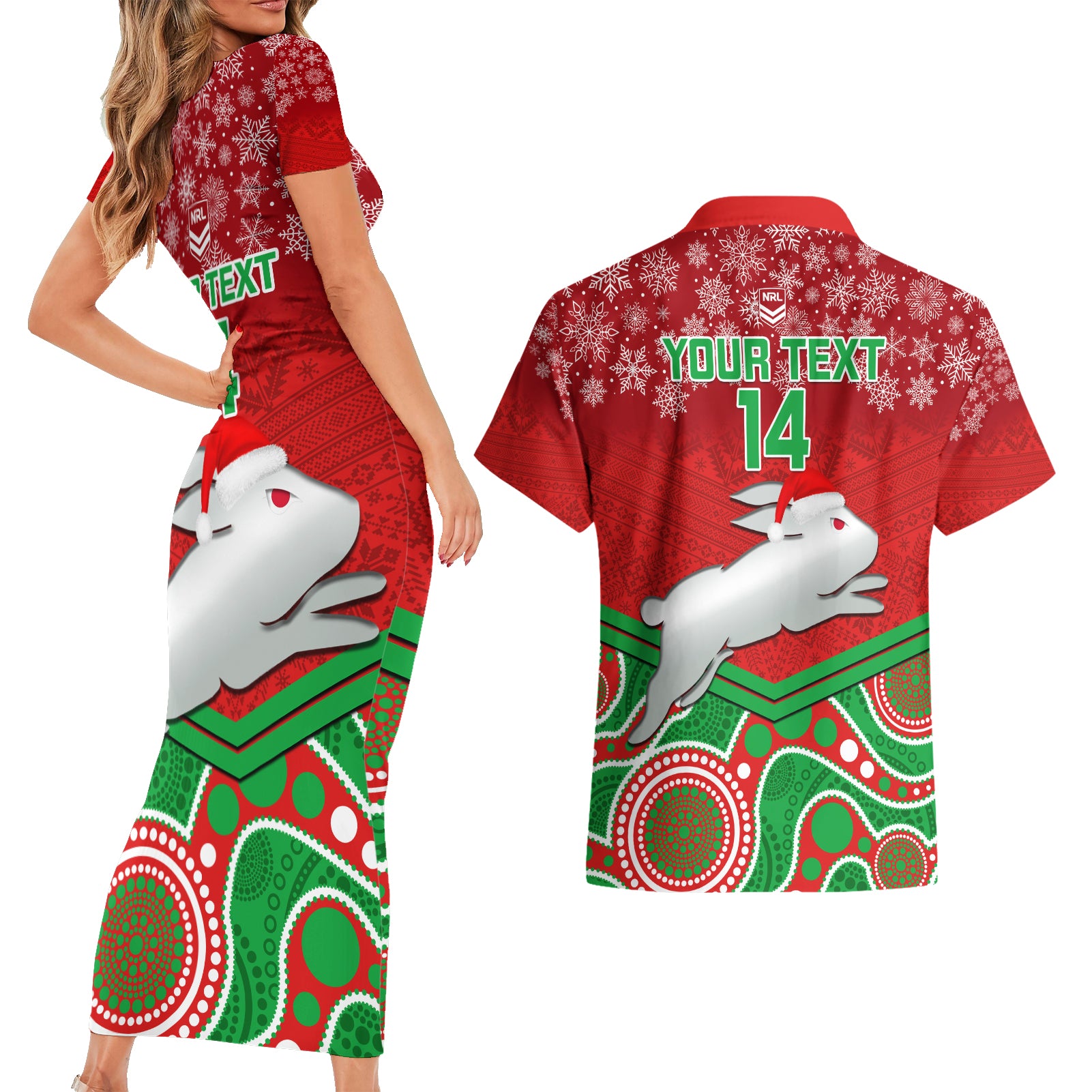 custom-rabbitohs-rugby-christmas-couples-matching-short-sleeve-bodycon-dress-and-hawaiian-shirt-merry-xmas-2023-mix-aboriginal-art