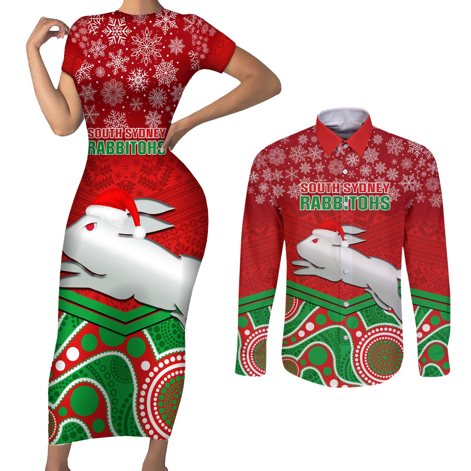 custom-rabbitohs-rugby-christmas-couples-matching-short-sleeve-bodycon-dress-and-long-sleeve-button-shirt-merry-xmas-2023-mix-aboriginal-art