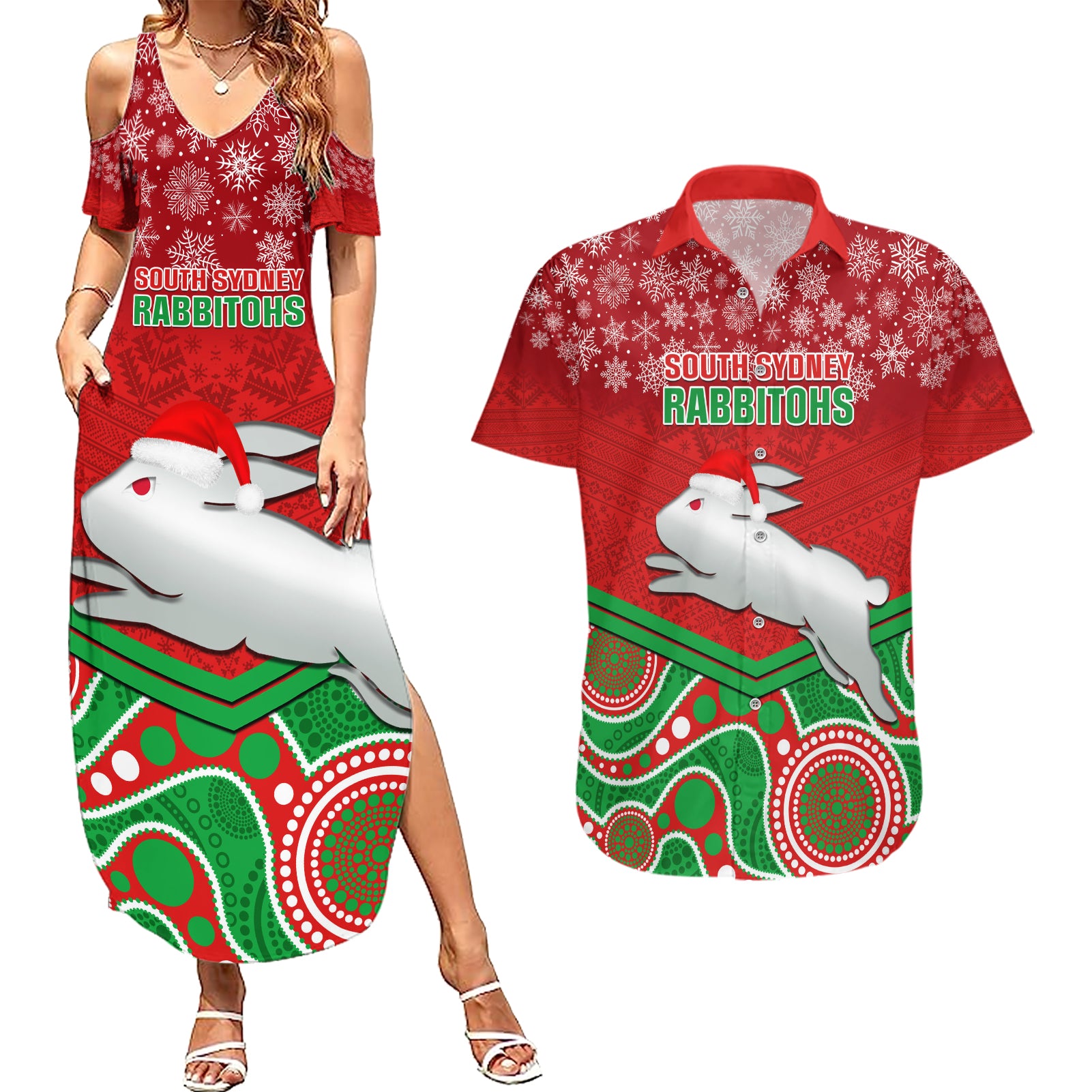 custom-rabbitohs-rugby-christmas-couples-matching-summer-maxi-dress-and-hawaiian-shirt-merry-xmas-2023-mix-aboriginal-art