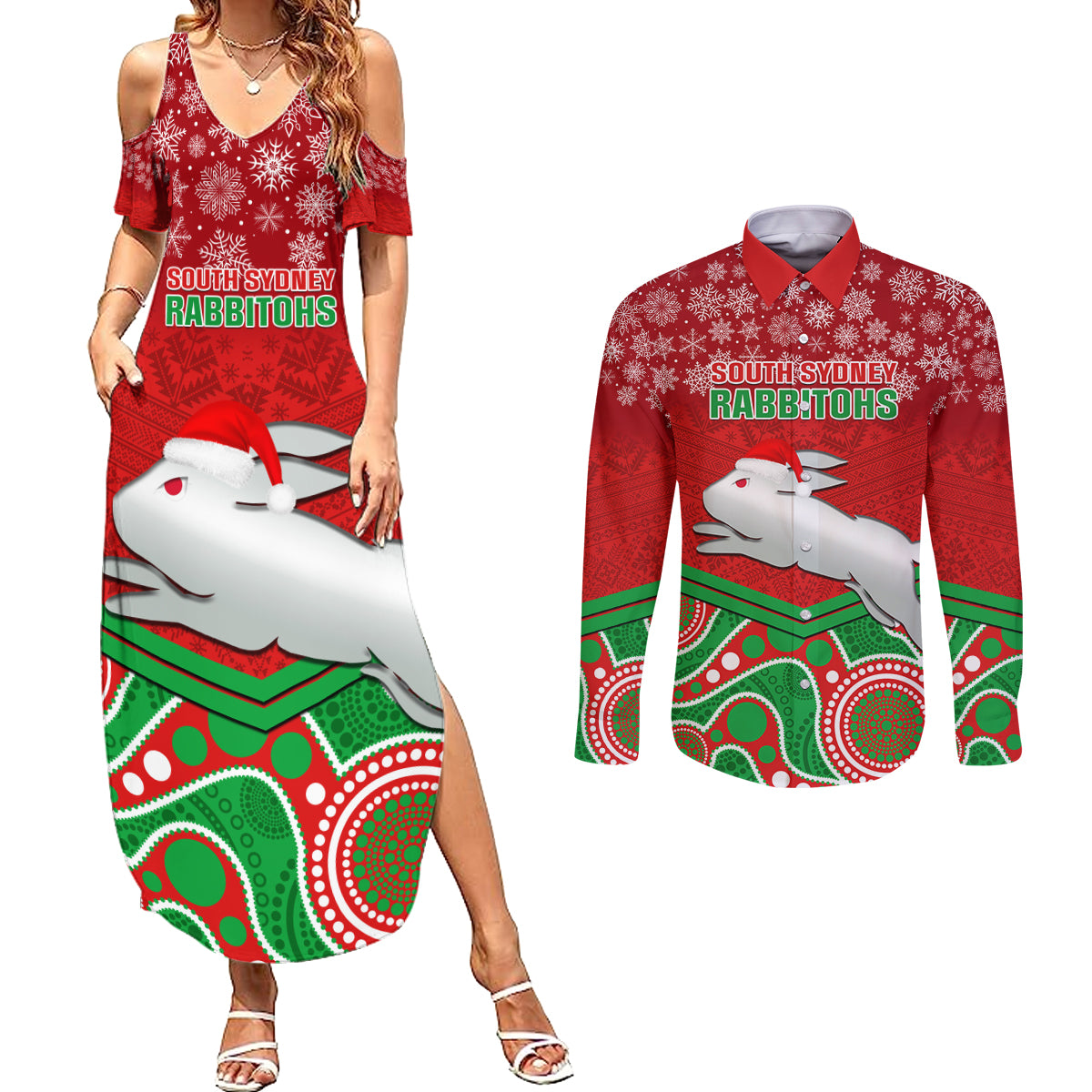 custom-rabbitohs-rugby-christmas-couples-matching-summer-maxi-dress-and-long-sleeve-button-shirt-merry-xmas-2023-mix-aboriginal-art