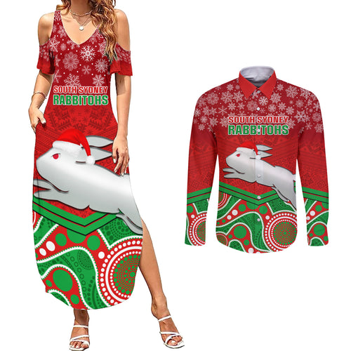 custom-rabbitohs-rugby-christmas-couples-matching-summer-maxi-dress-and-long-sleeve-button-shirt-merry-xmas-2023-mix-aboriginal-art