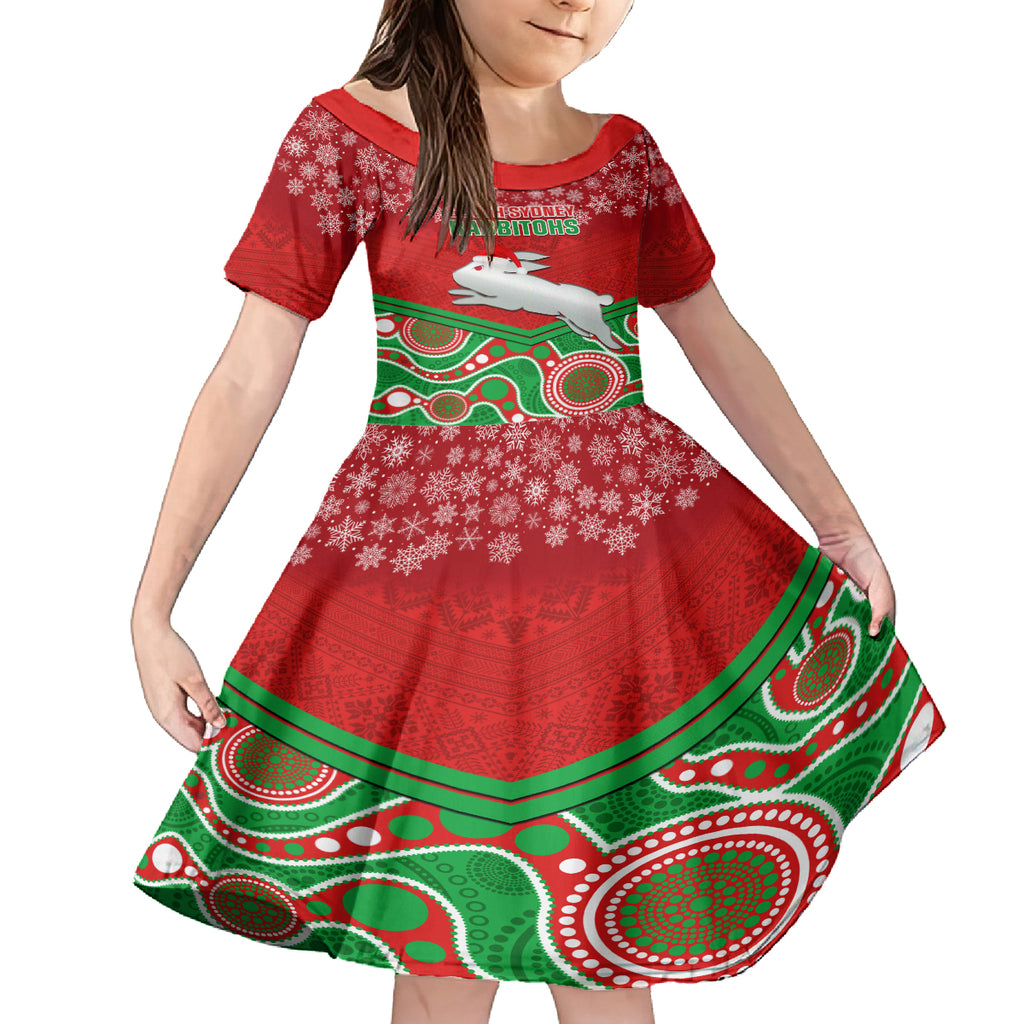 custom-rabbitohs-rugby-christmas-kid-short-sleeve-dress-merry-xmas-2023-mix-aboriginal-art