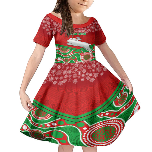 custom-rabbitohs-rugby-christmas-kid-short-sleeve-dress-merry-xmas-2023-mix-aboriginal-art