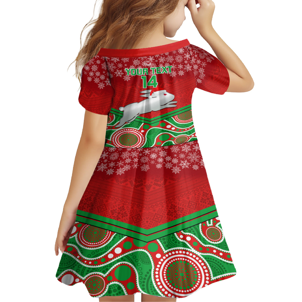 custom-rabbitohs-rugby-christmas-kid-short-sleeve-dress-merry-xmas-2023-mix-aboriginal-art