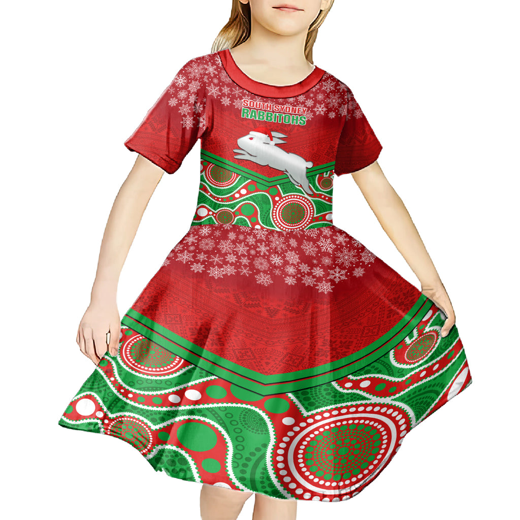 custom-rabbitohs-rugby-christmas-kid-short-sleeve-dress-merry-xmas-2023-mix-aboriginal-art