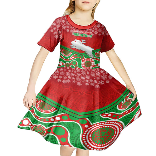 custom-rabbitohs-rugby-christmas-kid-short-sleeve-dress-merry-xmas-2023-mix-aboriginal-art