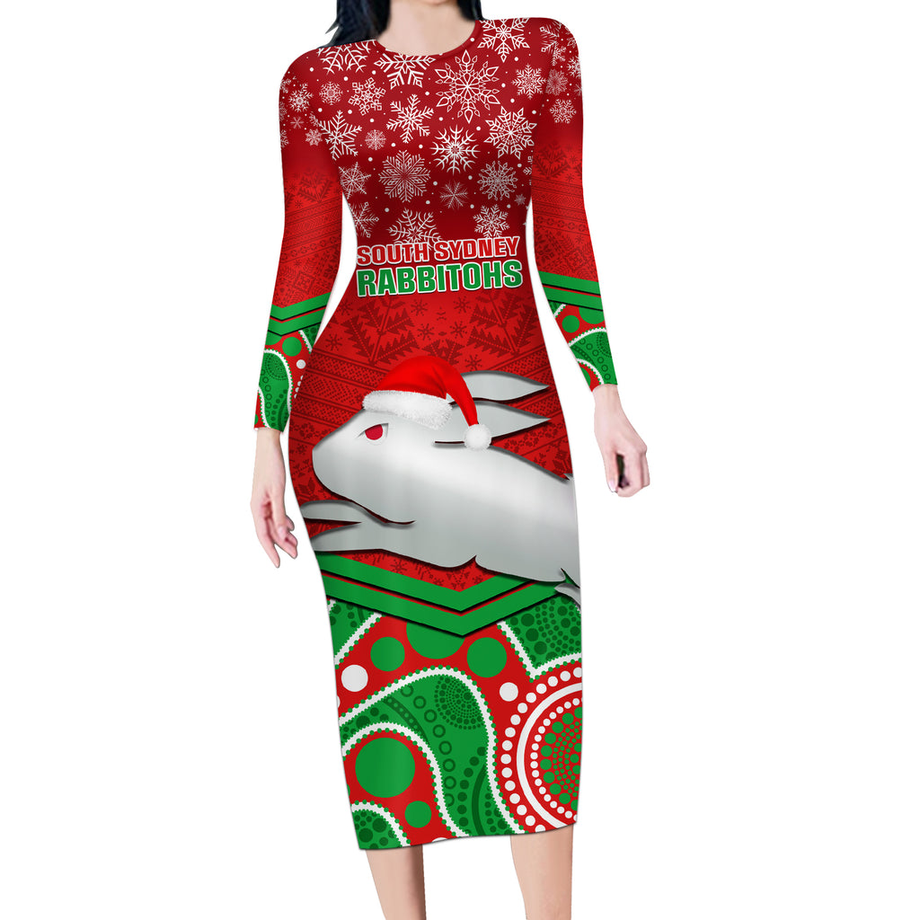 custom-rabbitohs-rugby-christmas-long-sleeve-bodycon-dress-merry-xmas-2023-mix-aboriginal-art