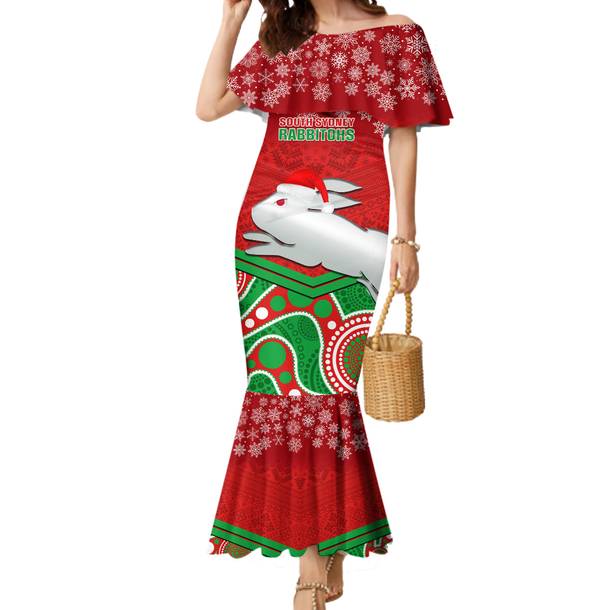 custom-rabbitohs-rugby-christmas-mermaid-dress-merry-xmas-2023-mix-aboriginal-art