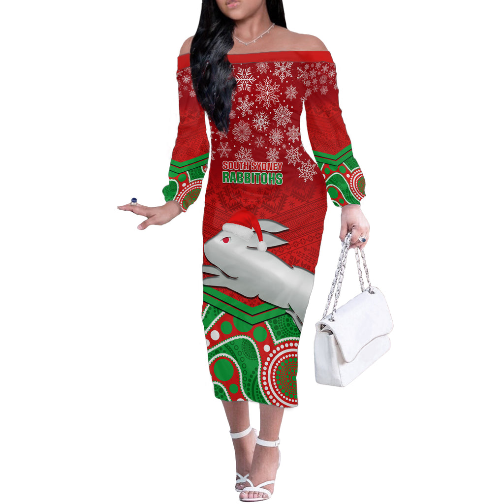 custom-rabbitohs-rugby-christmas-off-the-shoulder-long-sleeve-dress-merry-xmas-2023-mix-aboriginal-art