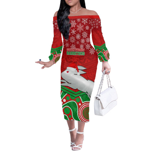 custom-rabbitohs-rugby-christmas-off-the-shoulder-long-sleeve-dress-merry-xmas-2023-mix-aboriginal-art