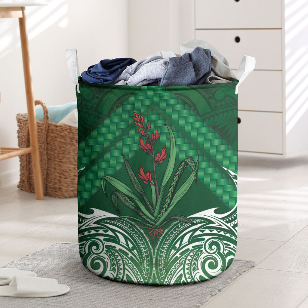 Rongoa Maori New Zealand Harakeke Laundry Basket NZ Weaving Pattern Green