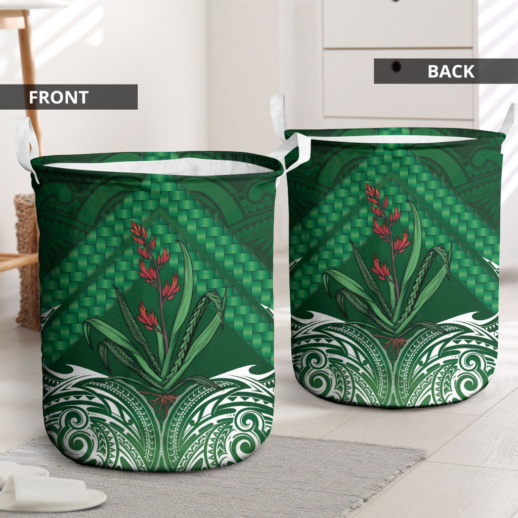 Rongoa Maori New Zealand Harakeke Laundry Basket NZ Weaving Pattern Green