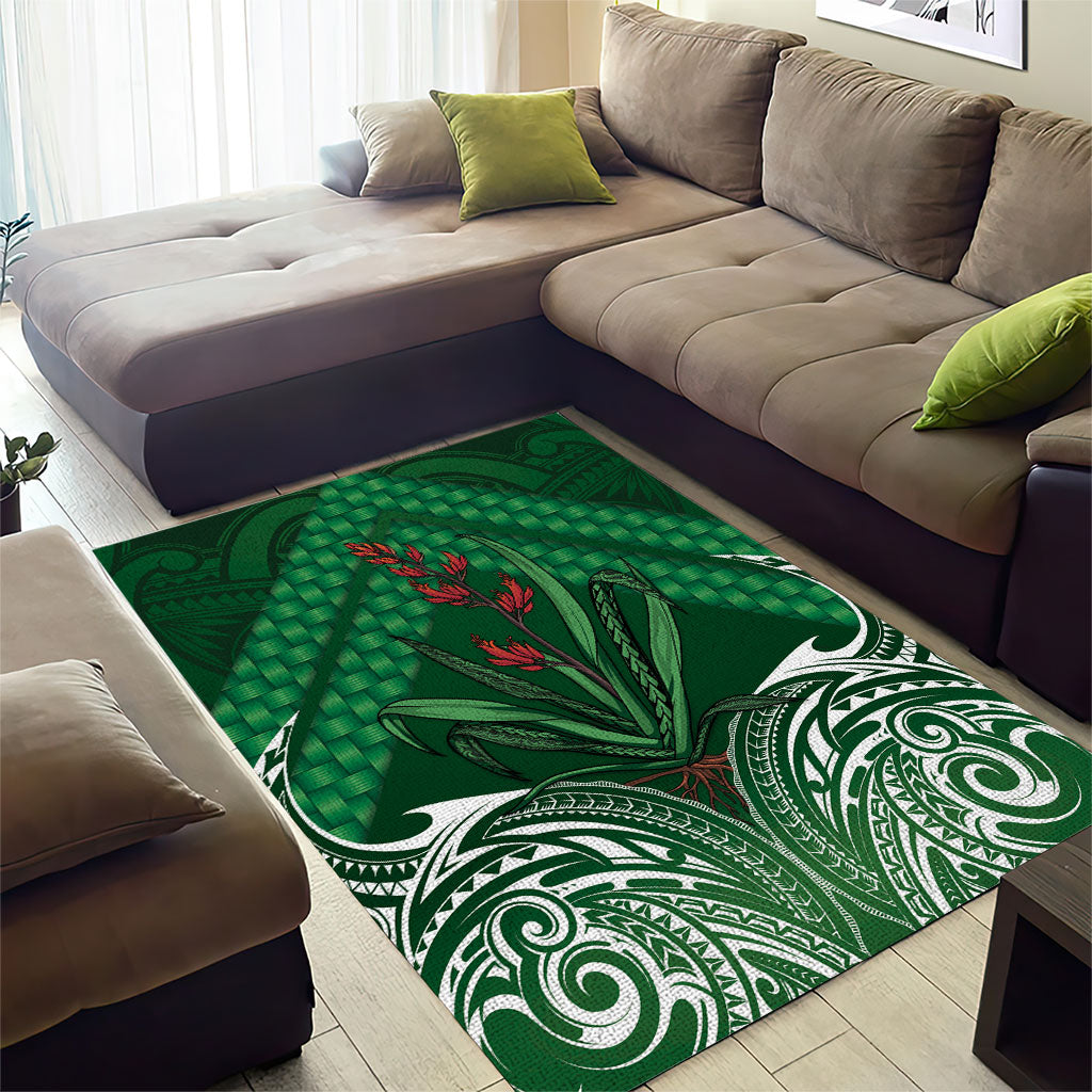 Rongoa Maori New Zealand Harakeke Area Rug NZ Weaving Pattern Green