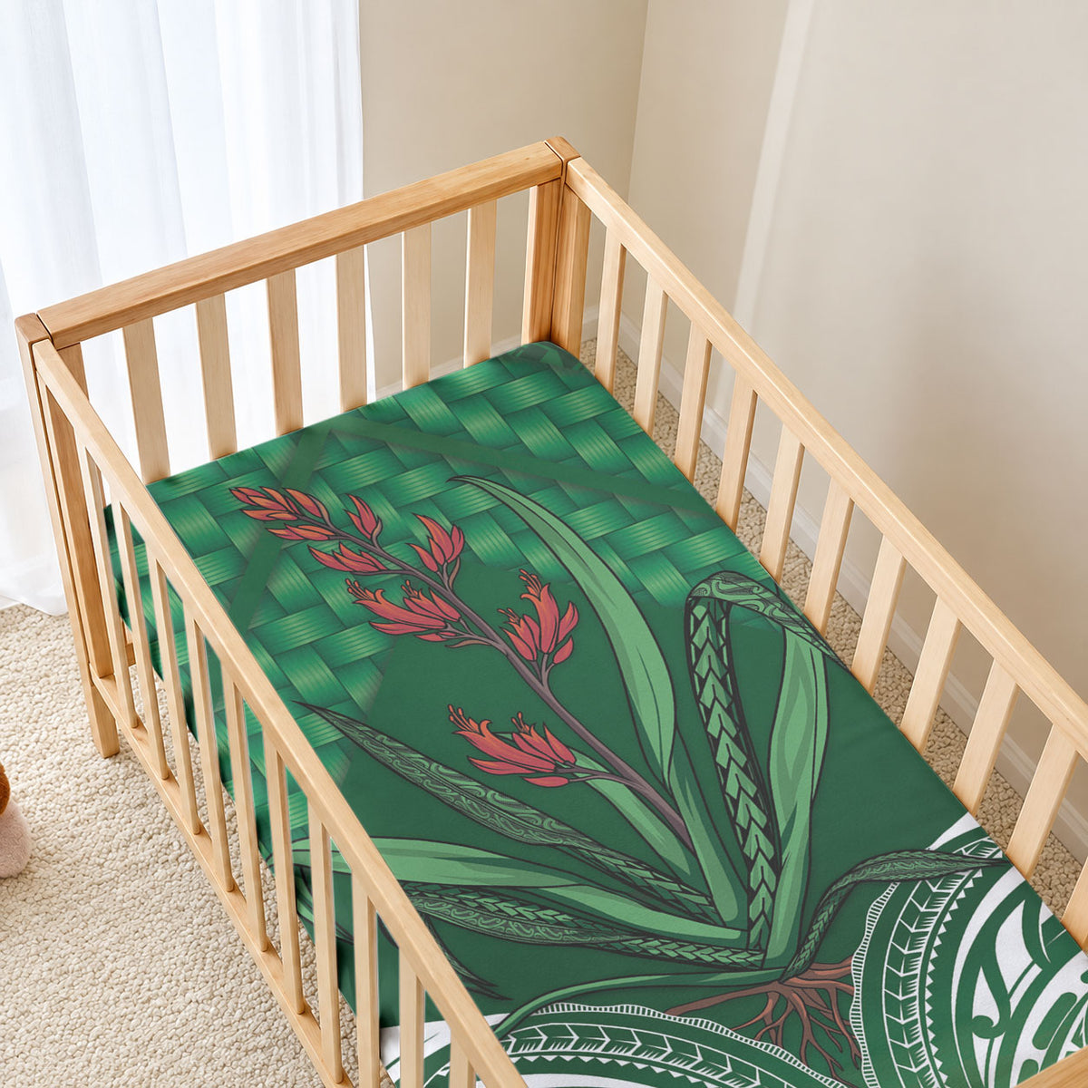Rongoa Maori New Zealand Harakeke Baby Bed Cover NZ Weaving Pattern Green