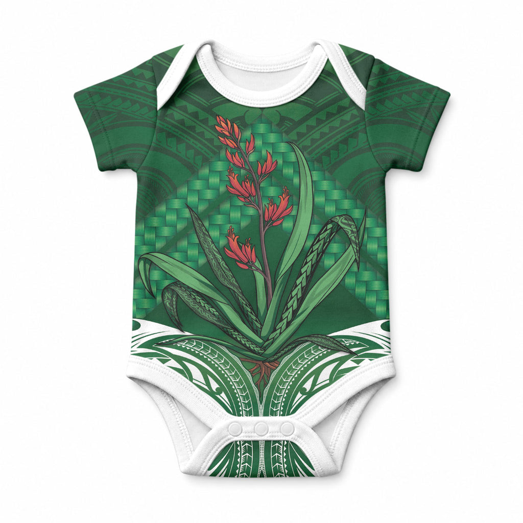 Rongoa Maori New Zealand Harakeke Baby Onesie NZ Weaving Pattern Green