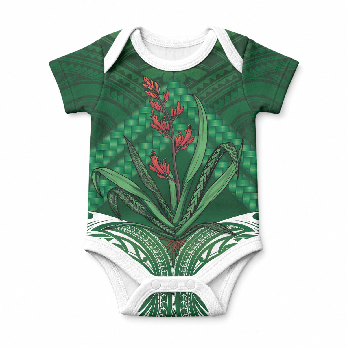 Rongoa Maori New Zealand Harakeke Baby Onesie NZ Weaving Pattern Green
