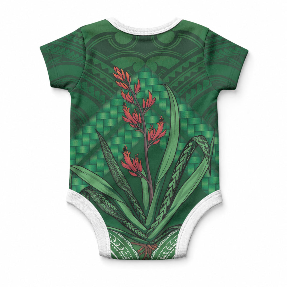 Rongoa Maori New Zealand Harakeke Baby Onesie NZ Weaving Pattern Green