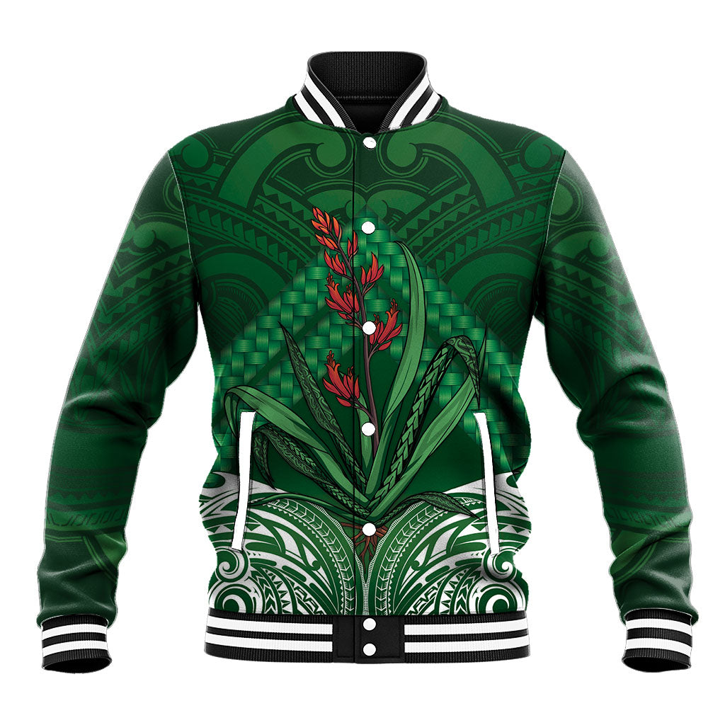 Rongoa Maori New Zealand Harakeke Baseball Jacket NZ Weaving Pattern Green
