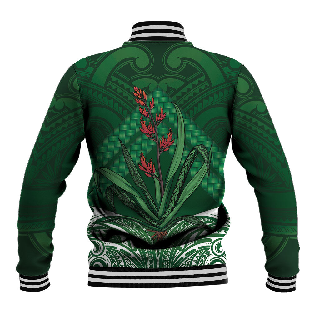 Rongoa Maori New Zealand Harakeke Baseball Jacket NZ Weaving Pattern Green