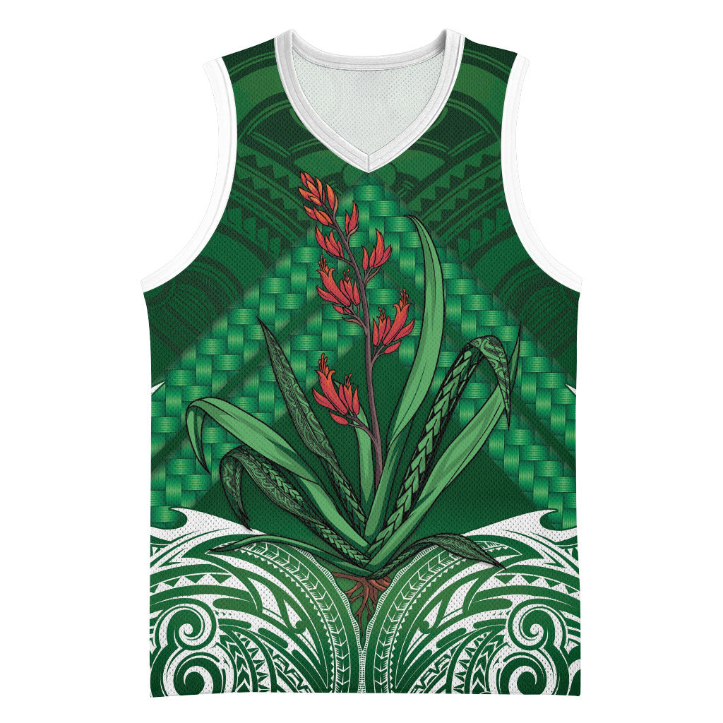 Rongoa Maori New Zealand Harakeke Basketball Jersey NZ Weaving Pattern Green