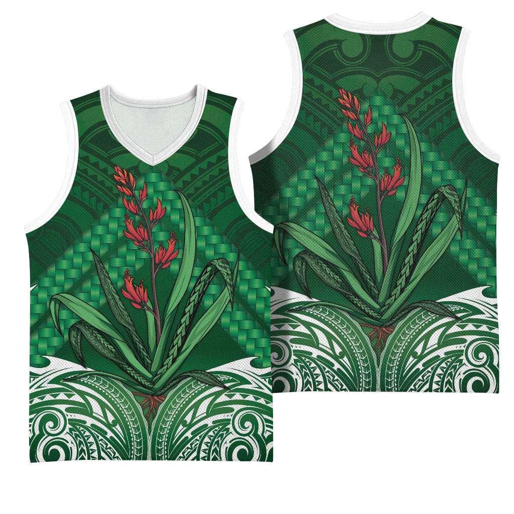 Rongoa Maori New Zealand Harakeke Basketball Jersey NZ Weaving Pattern Green