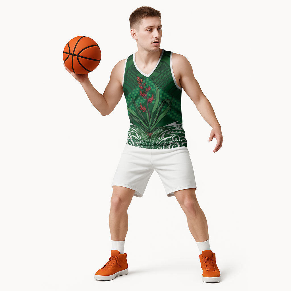 Rongoa Maori New Zealand Harakeke Basketball Jersey NZ Weaving Pattern Green