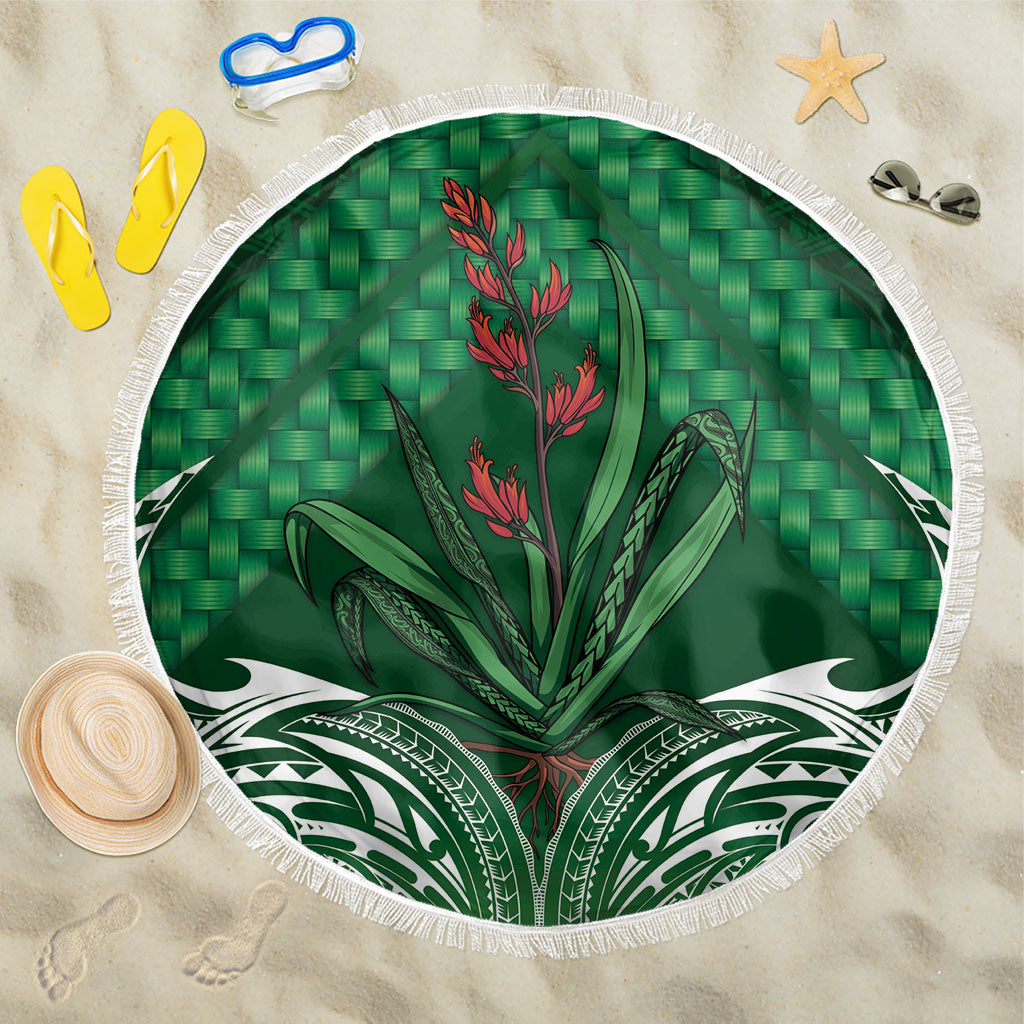 Rongoa Maori New Zealand Harakeke Beach Blanket NZ Weaving Pattern Green