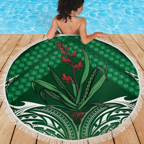 Rongoa Maori New Zealand Harakeke Beach Blanket NZ Weaving Pattern Green