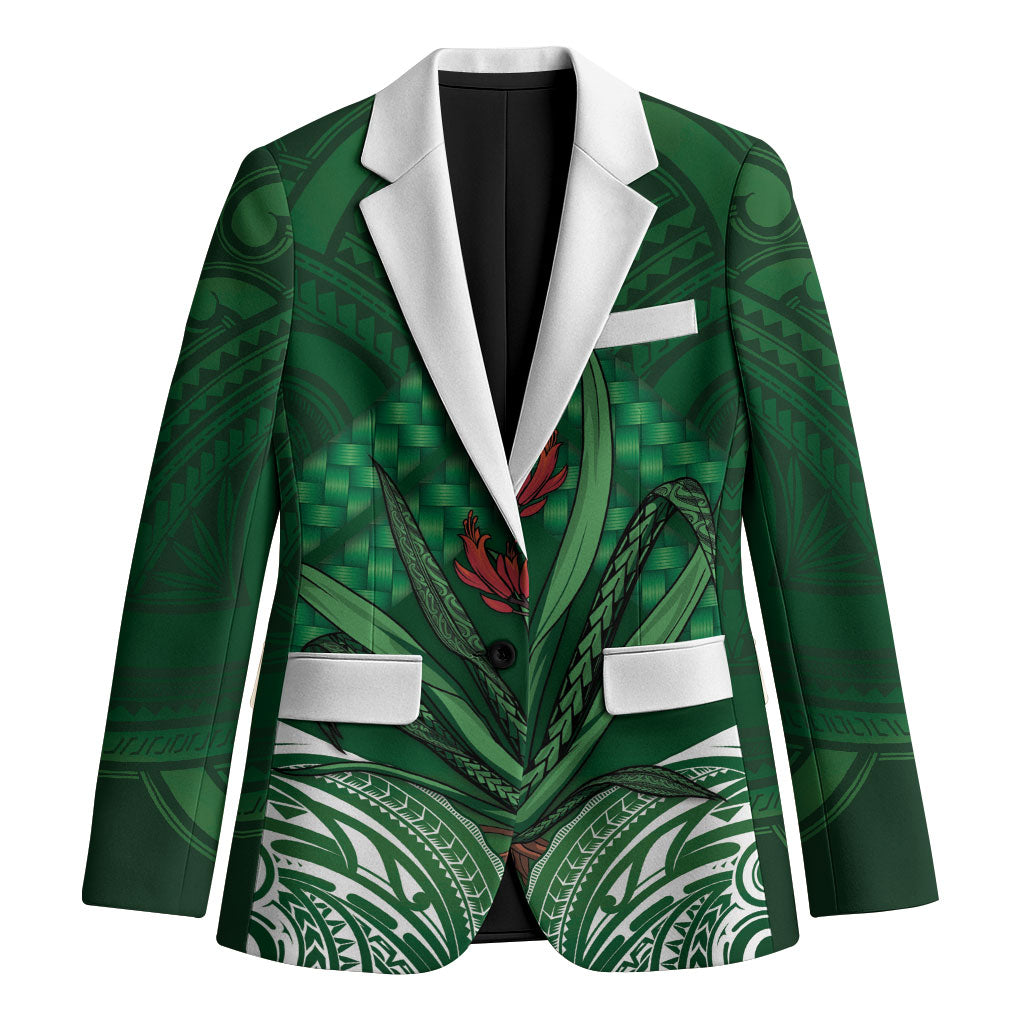Rongoa Maori New Zealand Harakeke Blazer NZ Weaving Pattern Green