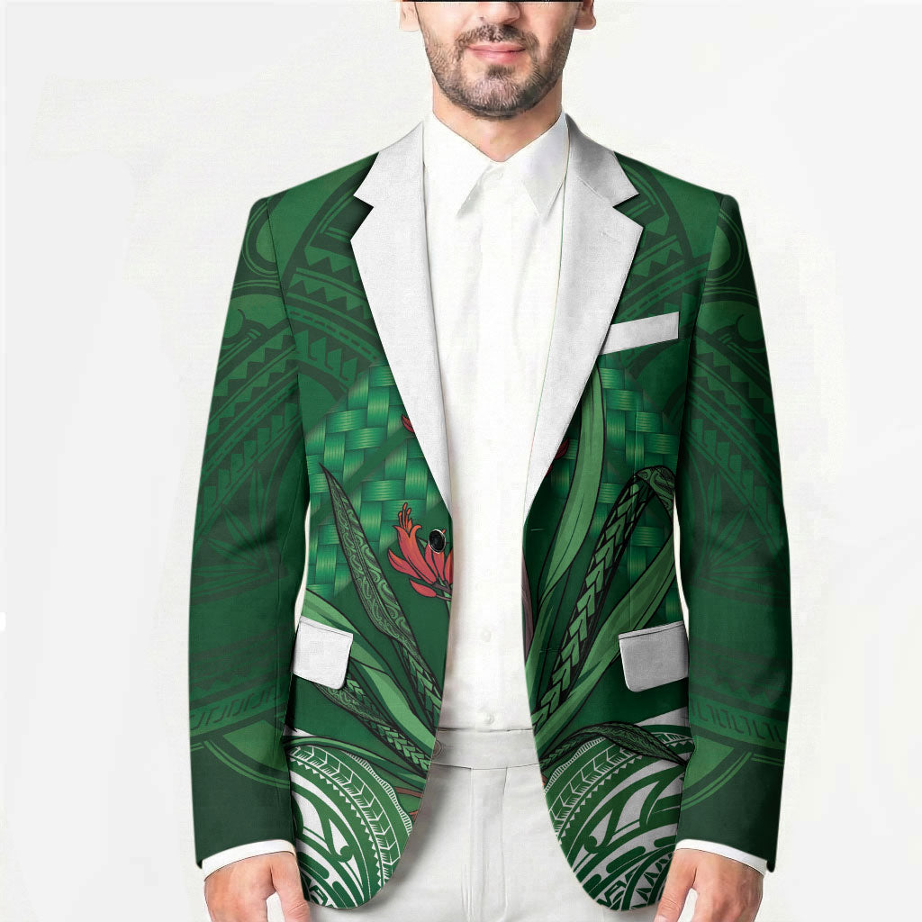 Rongoa Maori New Zealand Harakeke Blazer NZ Weaving Pattern Green