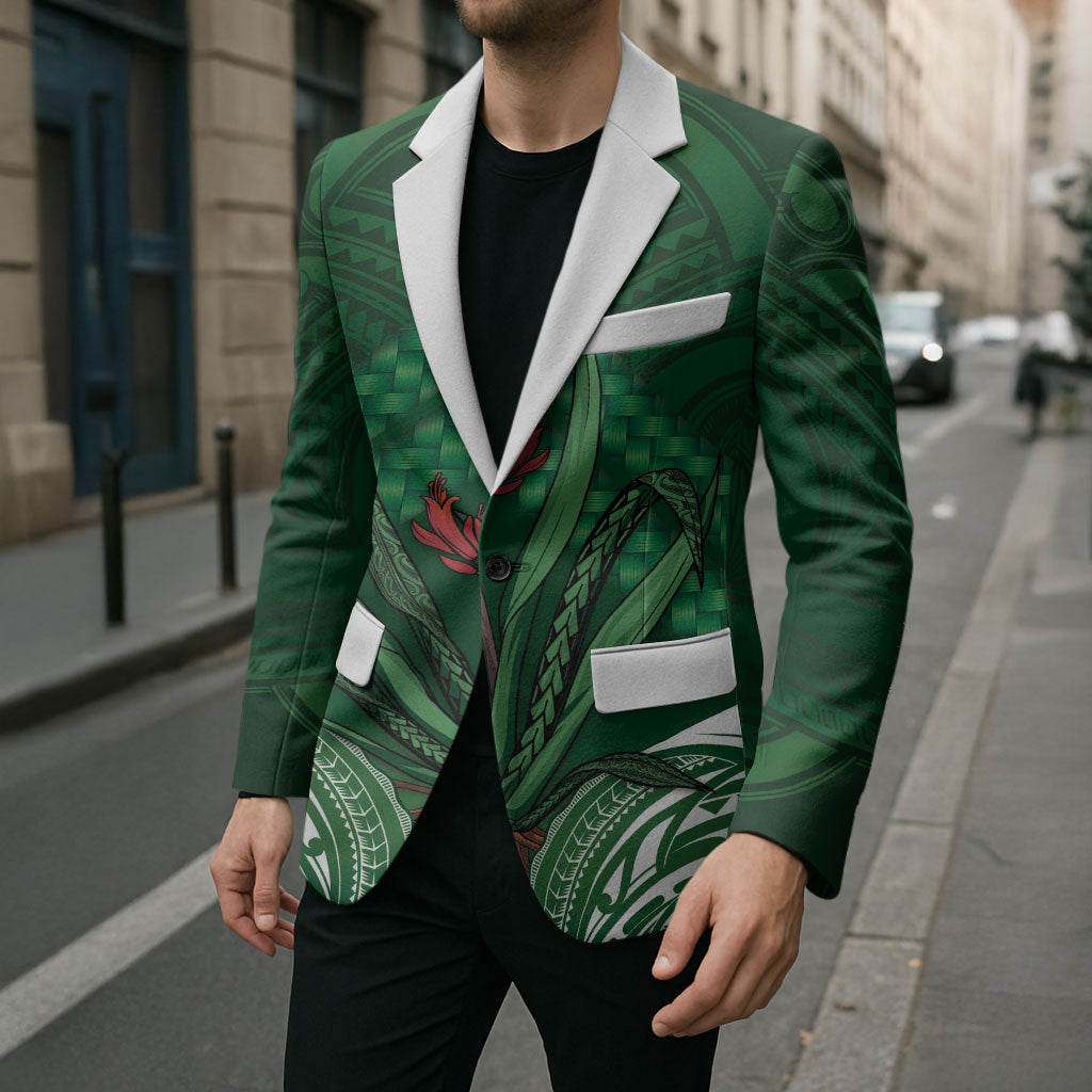 Rongoa Maori New Zealand Harakeke Blazer NZ Weaving Pattern Green