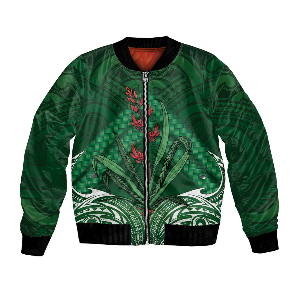 Rongoa Maori New Zealand Harakeke Bomber Jacket NZ Weaving Pattern Green