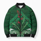 Rongoa Maori New Zealand Harakeke Bomber Puffer Jacket NZ Weaving Pattern Green