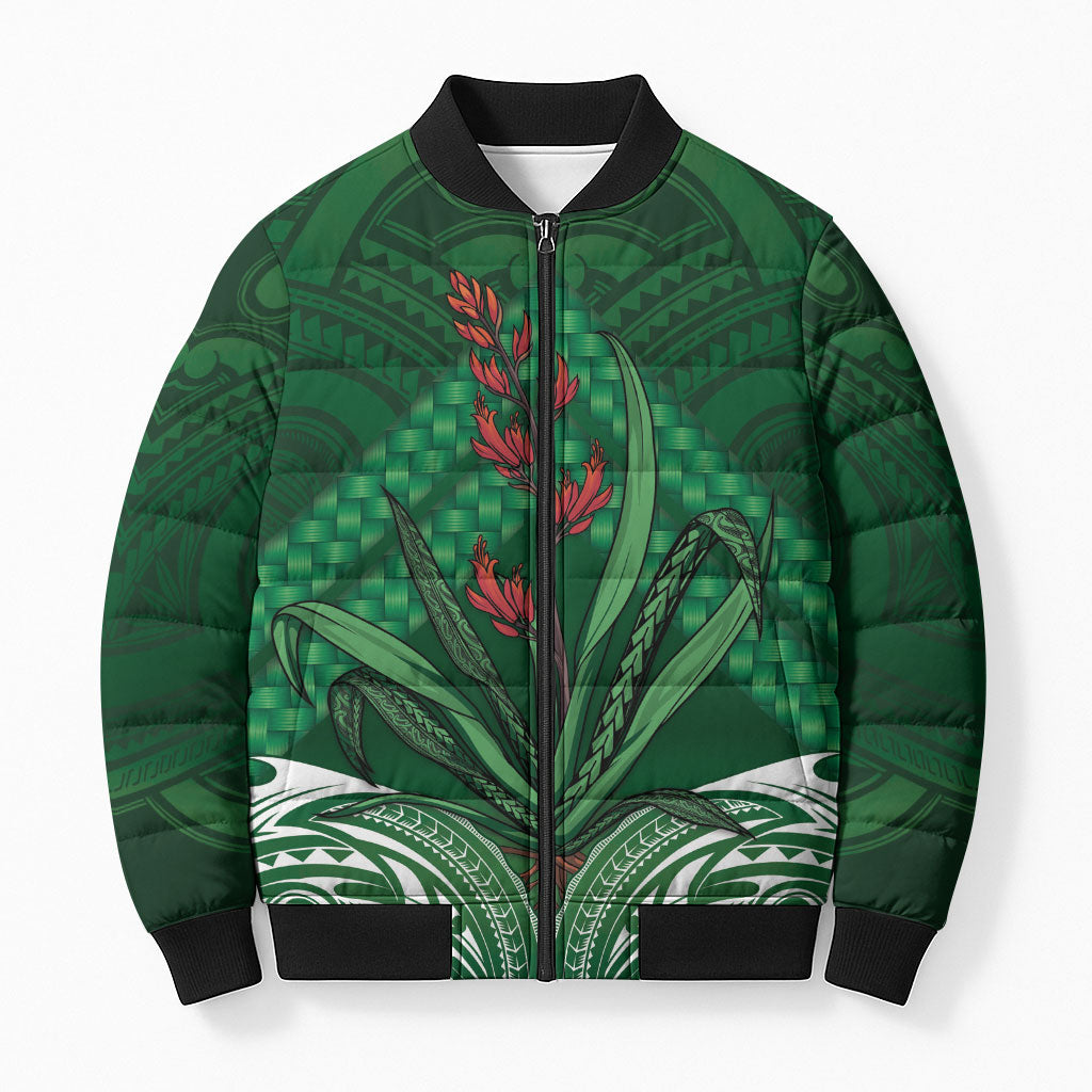 Rongoa Maori New Zealand Harakeke Bomber Puffer Jacket NZ Weaving Pattern Green