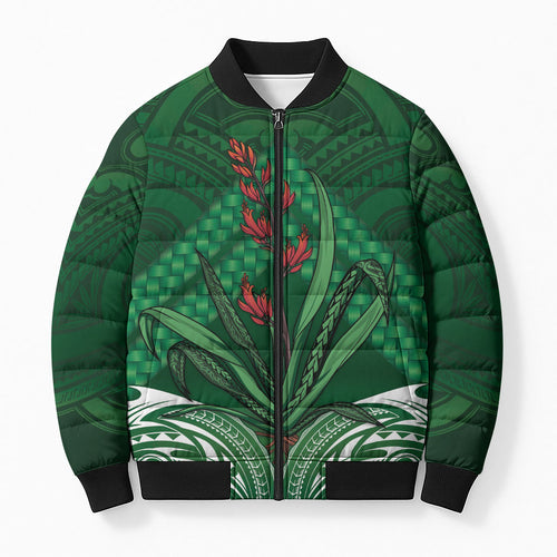 Rongoa Maori New Zealand Harakeke Bomber Puffer Jacket NZ Weaving Pattern Green