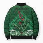 Rongoa Maori New Zealand Harakeke Bomber Puffer Jacket NZ Weaving Pattern Green