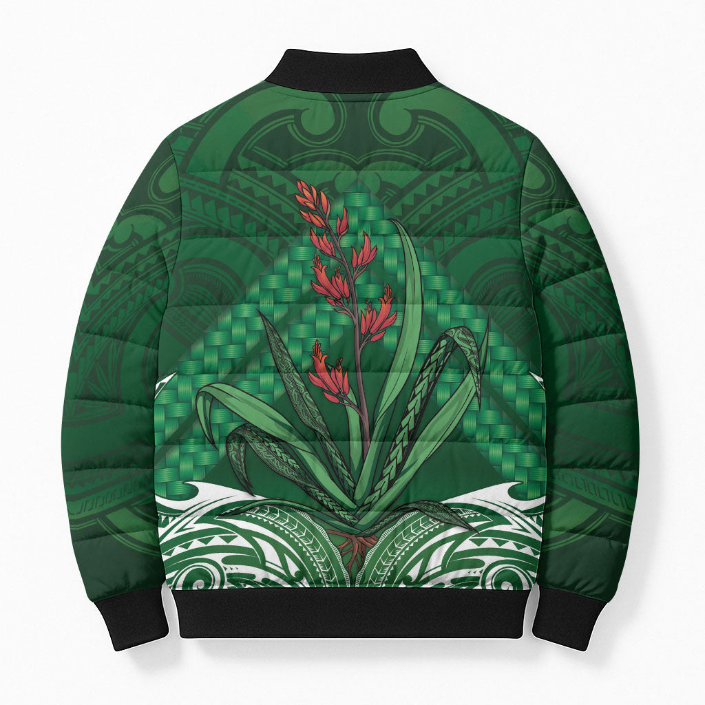 Rongoa Maori New Zealand Harakeke Bomber Puffer Jacket NZ Weaving Pattern Green
