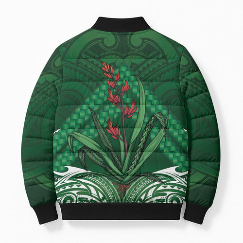 Rongoa Maori New Zealand Harakeke Bomber Puffer Jacket NZ Weaving Pattern Green