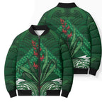 Rongoa Maori New Zealand Harakeke Bomber Puffer Jacket NZ Weaving Pattern Green