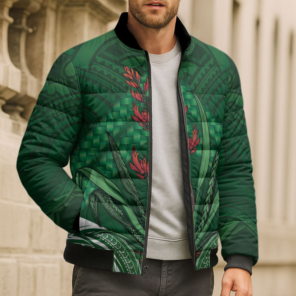 Rongoa Maori New Zealand Harakeke Bomber Puffer Jacket NZ Weaving Pattern Green